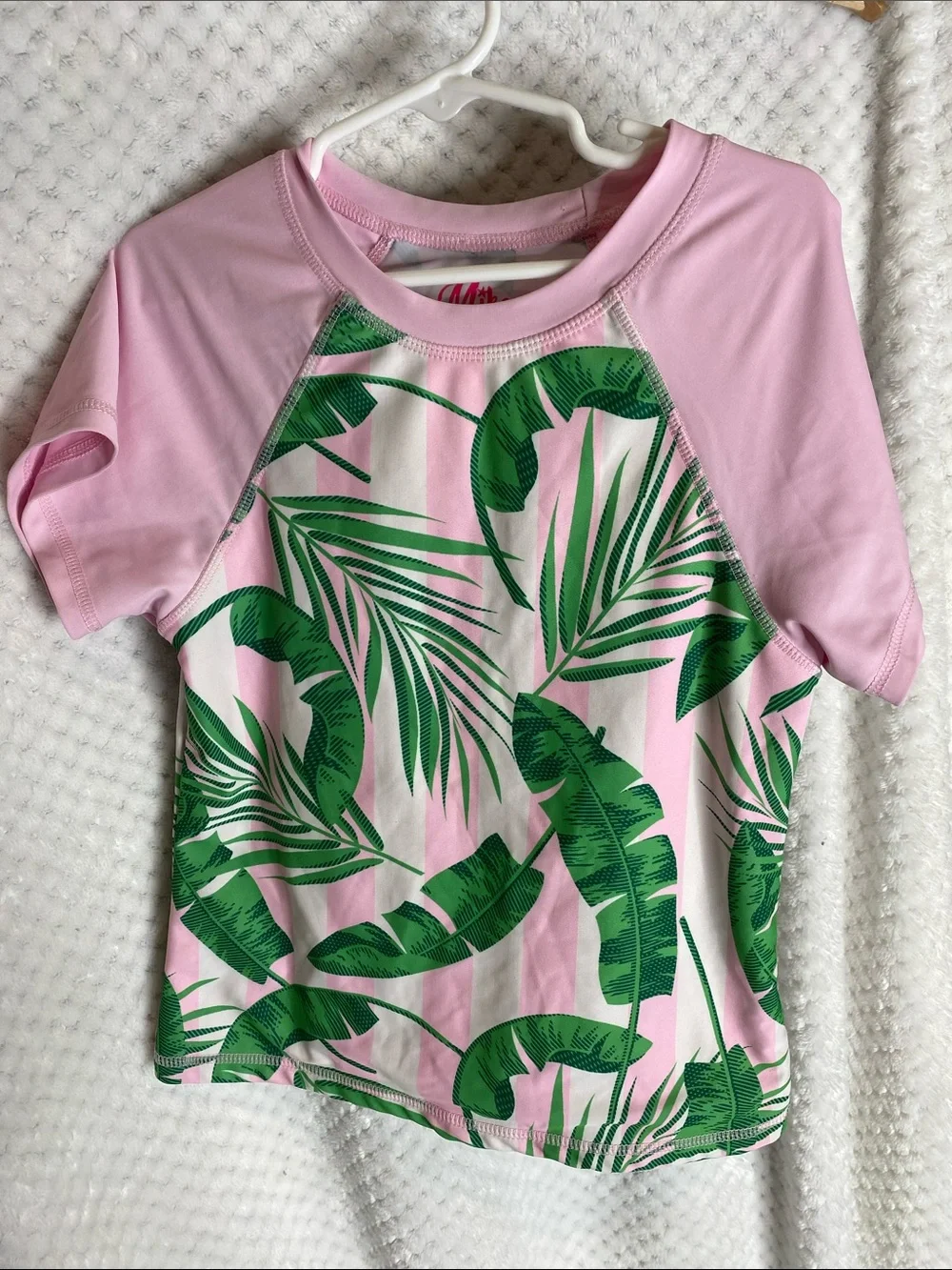 Miken Mermaids Pink Tropical Green Leaf Rash Guard Swim Top